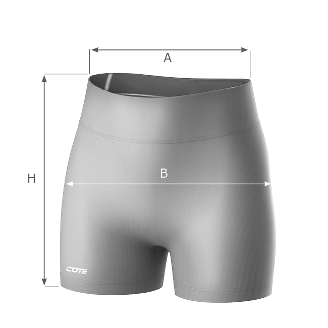 Grafika przedstawia spodenki z wysokim stanem w kolorze szarym, na których zaznaczono linie pomiarowe: A - Szerokość talii, B - Szerokość bioder, H - Długość spodenek